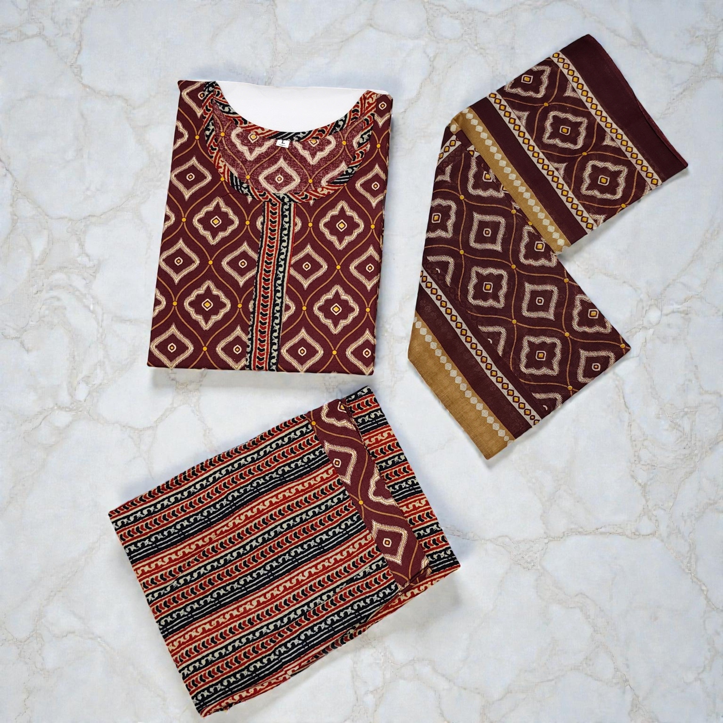Maroon Geometric Print Kurti Set with Dupatta | Cotton | Traditional Ethnic Wear