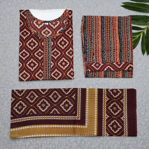 Maroon Geometric Print Kurti Set with Dupatta | Cotton | Traditional Ethnic Wear