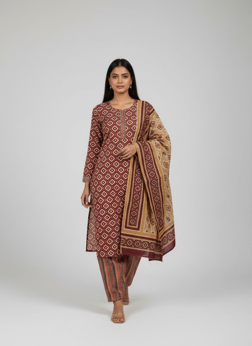 Maroon Geometric Print Kurti Set with Dupatta | Cotton | Traditional Ethnic Wear
