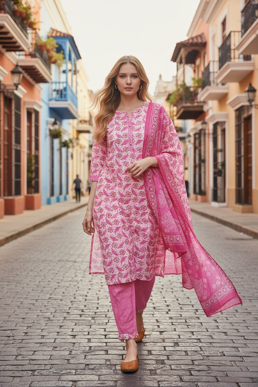 Pink Floral Cotton Kurti Set with Dupatta | Ethnic Wear | ME2 FASHION